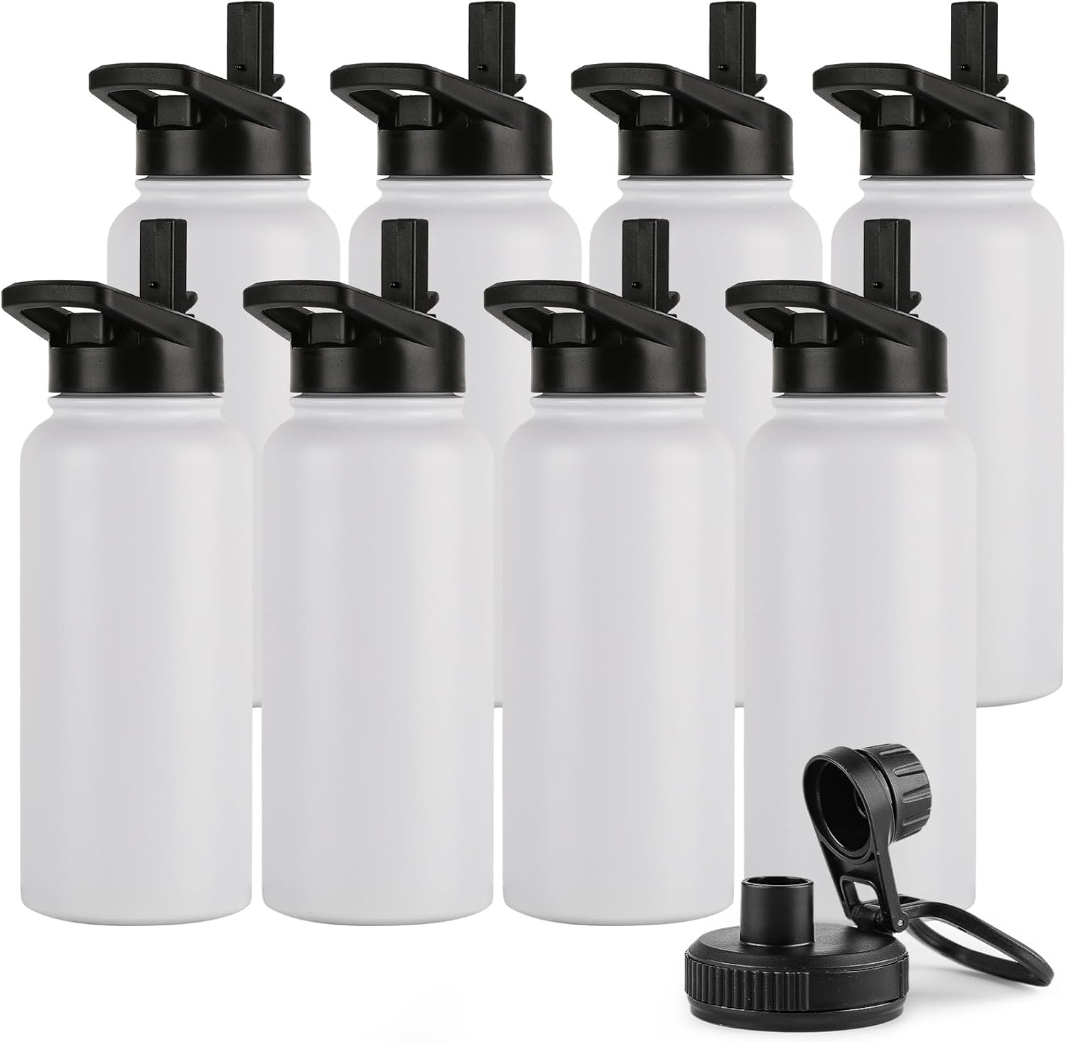 DOMICARE 32 oz Insulated Water Bottle Bulk, Vacuum Insulated Stainless Steel Sports Water Bottle with Straw Lid & Spout Lid, Leakproof, Reusable - Travel, Camping, Bike, White (8 Pack)