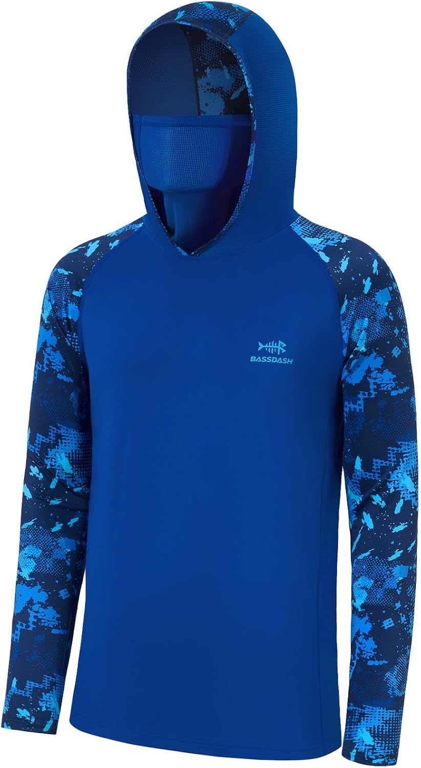 BASSDASH Men's UPF 50+ Camo Hoodie Shirt with Mask Long Sleeve Sun Protection Neck Gaiter Hooded Tee for Fishing Hiking