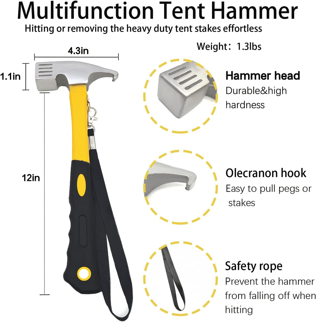 12 Pack Tent Stake with Hammer, 16in Heavy Duty Tent Stakes + 10in Camping Hammer+Storage Pouch, Forged Steel Tent Stakes for Camping Used on Rocks(12 Pack 16in Stakes+Hammer