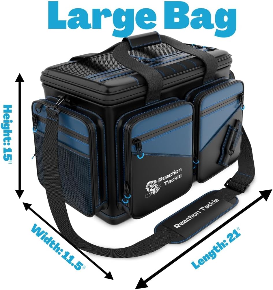 Reaction Tackle Saltwater Fishing Tackle Bags, Water Resistant 1000D PVC Tackle Box Bag with Removable Dividers, Fits 3600 and 3700 Trays, Large