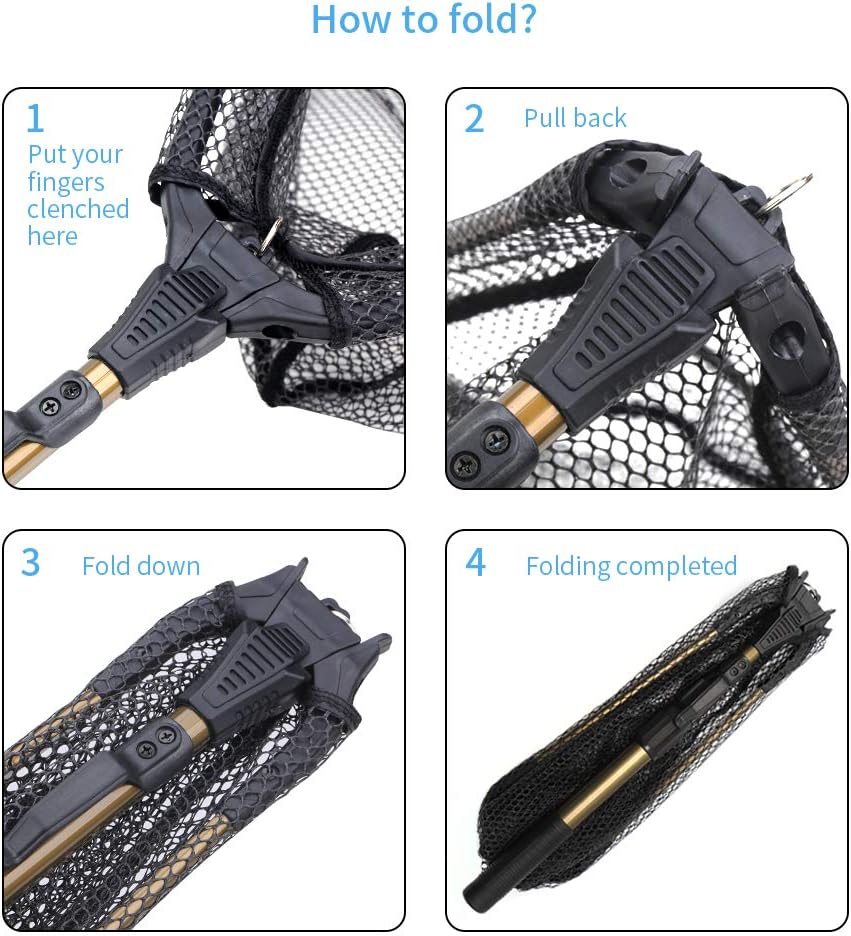 YVLEEN Folding Fishing Net - Foldable Fish Landing Net Robust Aluminum Telescopic Pole Handle and Nylon Mesh 16inch Hoop Size