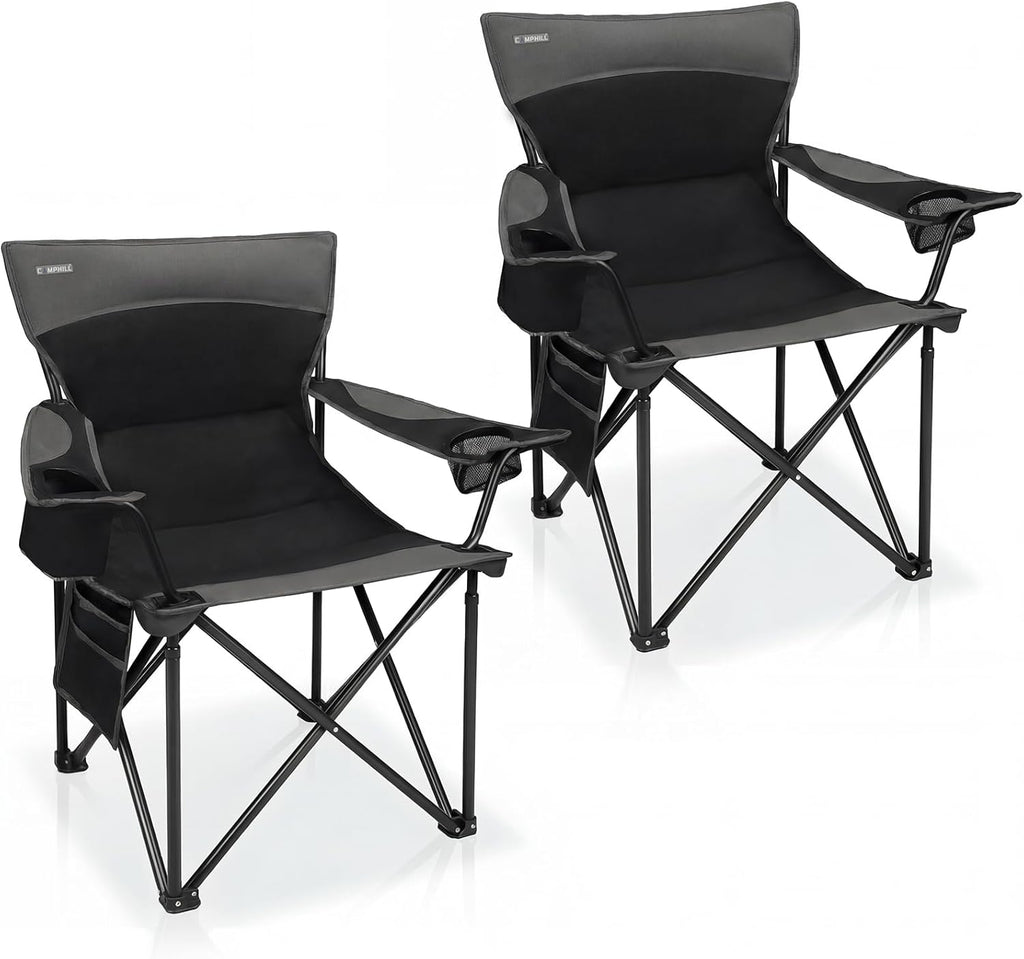 Oversized Camping Chair for Adults - 2 Pack Padded Lawn Chairs with Cup Holder & Side Pocket,Heavy Duty Folding Outdoor Chairs for Camp,Sports,Picnic,Beach,Blue