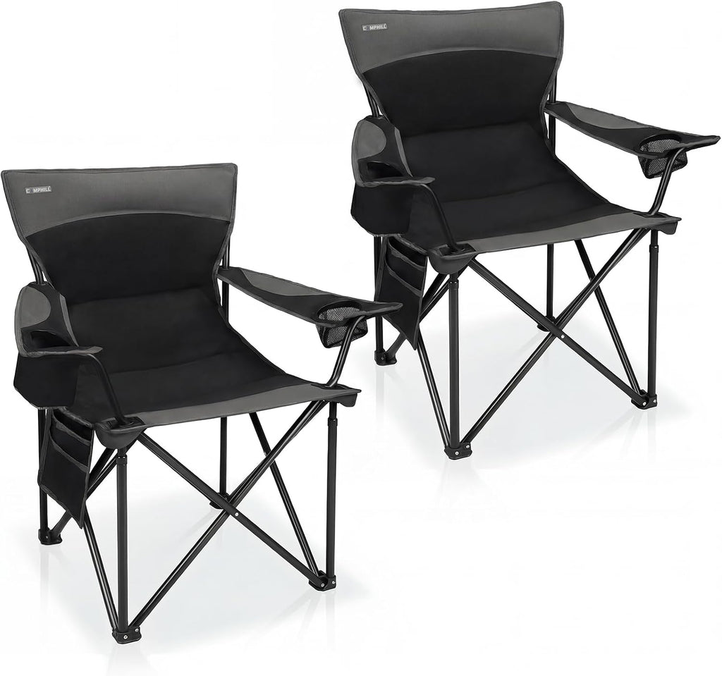 Oversized Camping Chair for Adults - 2 Pack Padded Lawn Chairs with Cup Holder & Side Pocket,Heavy Duty Folding Outdoor Chairs for Camp,Sports,Picnic,Beach,Black