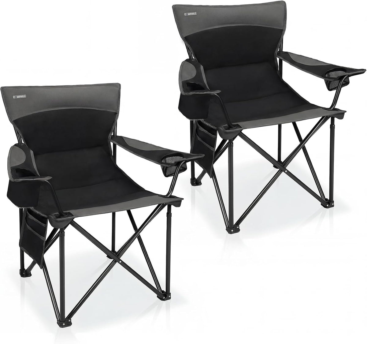 Oversized Camping Chair for Adults - 2 Pack Padded Lawn Chairs with Cup Holder & Side Pocket,Heavy Duty Folding Outdoor Chairs for Camp,Sports,Picnic,Beach,Black