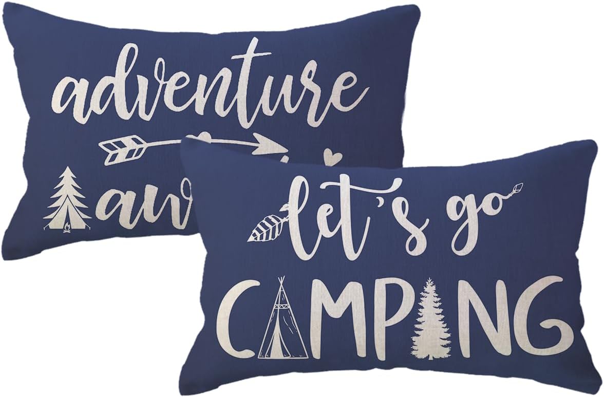 Adventure Camper Decorative Lumbar Pillowcase Double-sided Let’s Go Camping/Adventure Awaits Throw Pillow Covers Cabin/Camper Cushion Covers 12x20,2Pack for Sofa/Couch/Porch (Beige)