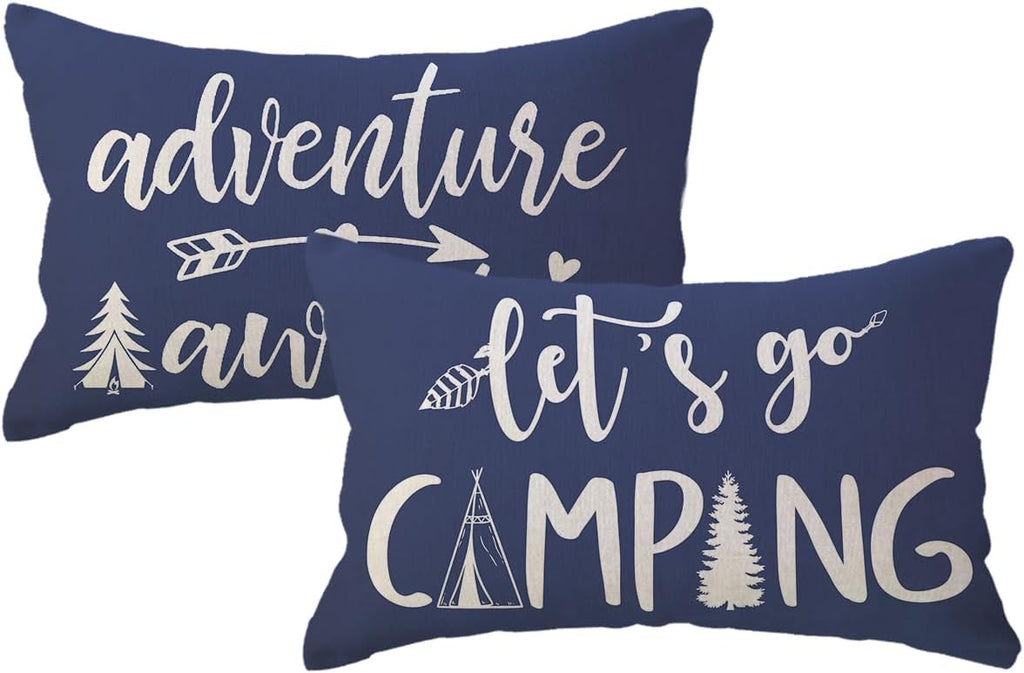 Adventure Camper Decorative Lumbar Pillowcase Double-Sided Let’s Go Camping/Adventure Awaits Throw Pillow Covers Cabin/Camper Cushion Covers 12x20,2Pack for Sofa/Couch/Porch (Blue)