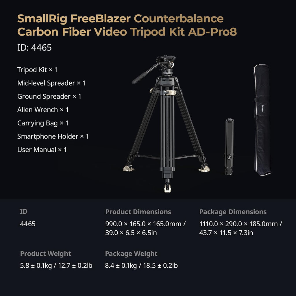 SmallRig AD-Pro8 FreeBlazer Counterbalance Carbon Fiber Video Tripod Kit, 77" Video Tripod with 6-Step Counterbalance, 4-Step Pan/Tilt Hydraulic Damping, 2 Mid-level Spreaders, Max Load 17.6lbs - 4465