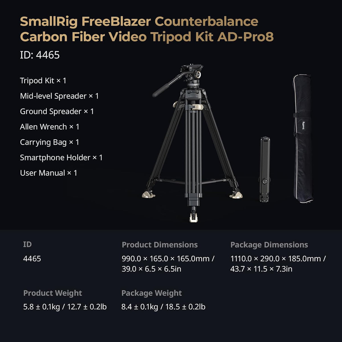 SmallRig AD-Pro8 FreeBlazer Counterbalance Carbon Fiber Video Tripod Kit, 77" Video Tripod with 6-Step Counterbalance, 4-Step Pan/Tilt Hydraulic Damping, 2 Mid-level Spreaders, Max Load 17.6lbs - 4465