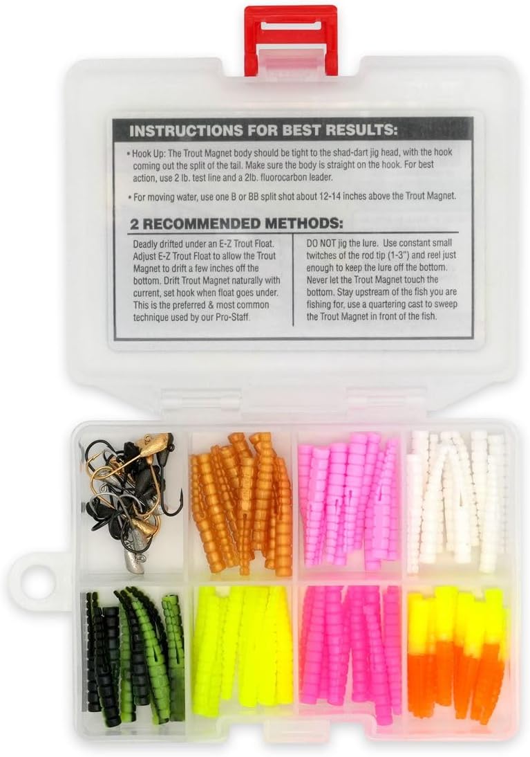 Trout Magnet 82-Piece Neon Fishing Gear Kit, Includes 70 Grub Bodies Trout Bait and 12 Size 8 Hooks