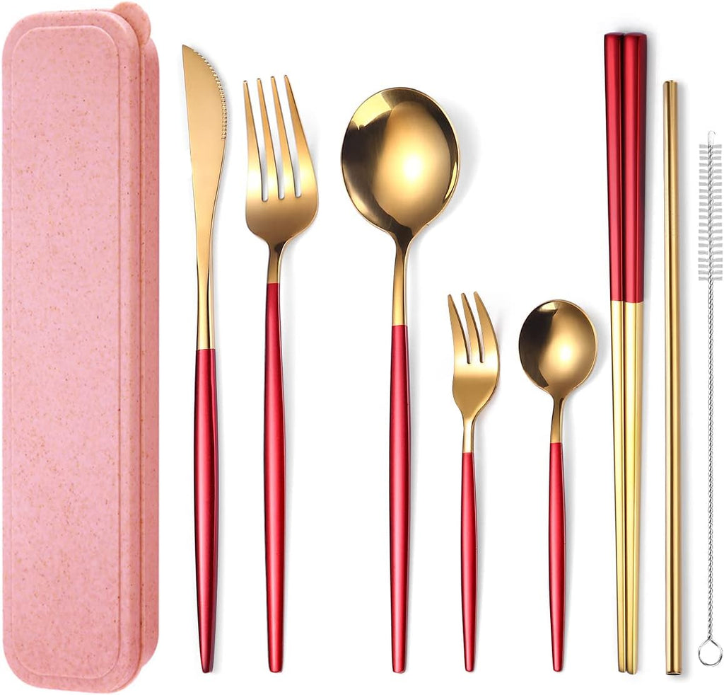 AARainbow 8 Pieces Stainless Steel Flatware Set Portable Reusable Cutlery Set Travel Utensils Set Including Chopsticks Knife Fork Spoon Straws Cleaning Brush Dishwasher Safe (B-Rose Golden)