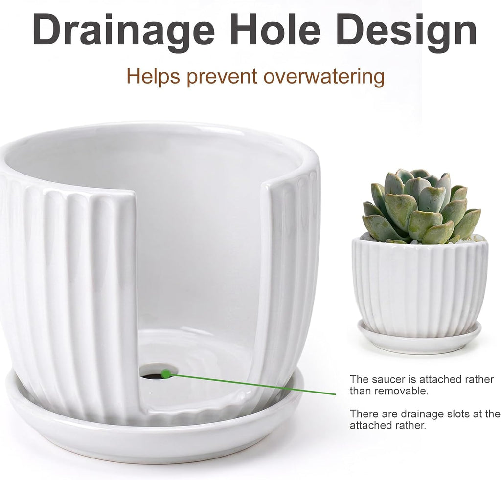 White Plant Pots,Ceramic Flower Pot Set of 3 with Drainage Holes & Saucers