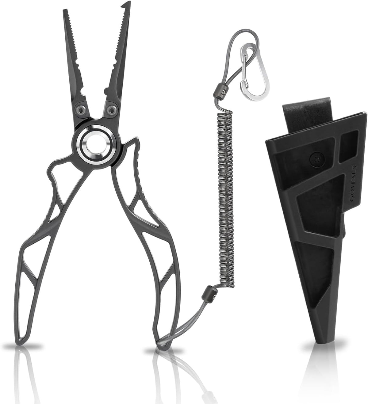 Gomexus 7 Inch Fishing Pliers and Titanium Plating, Saltwater Resistant Fishing Gear, Line Cutter, Hook Remover, Stainless Steel Split Ring Pliers with Carbide Blade-EXOSKELETON 7"
