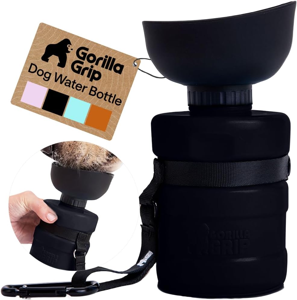 GORILLA GRIP Portable Dog Water Bottle, Food Grade Silicone, 12oz Black
