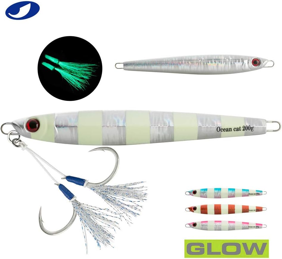 OCEAN CAT 1 PC Slow Fall Pitch Fishing Lures Sinking Lead Metal Flat Jigs Jigging Baits with Hook for Saltwater Fishing 4 Colors 160G/200G