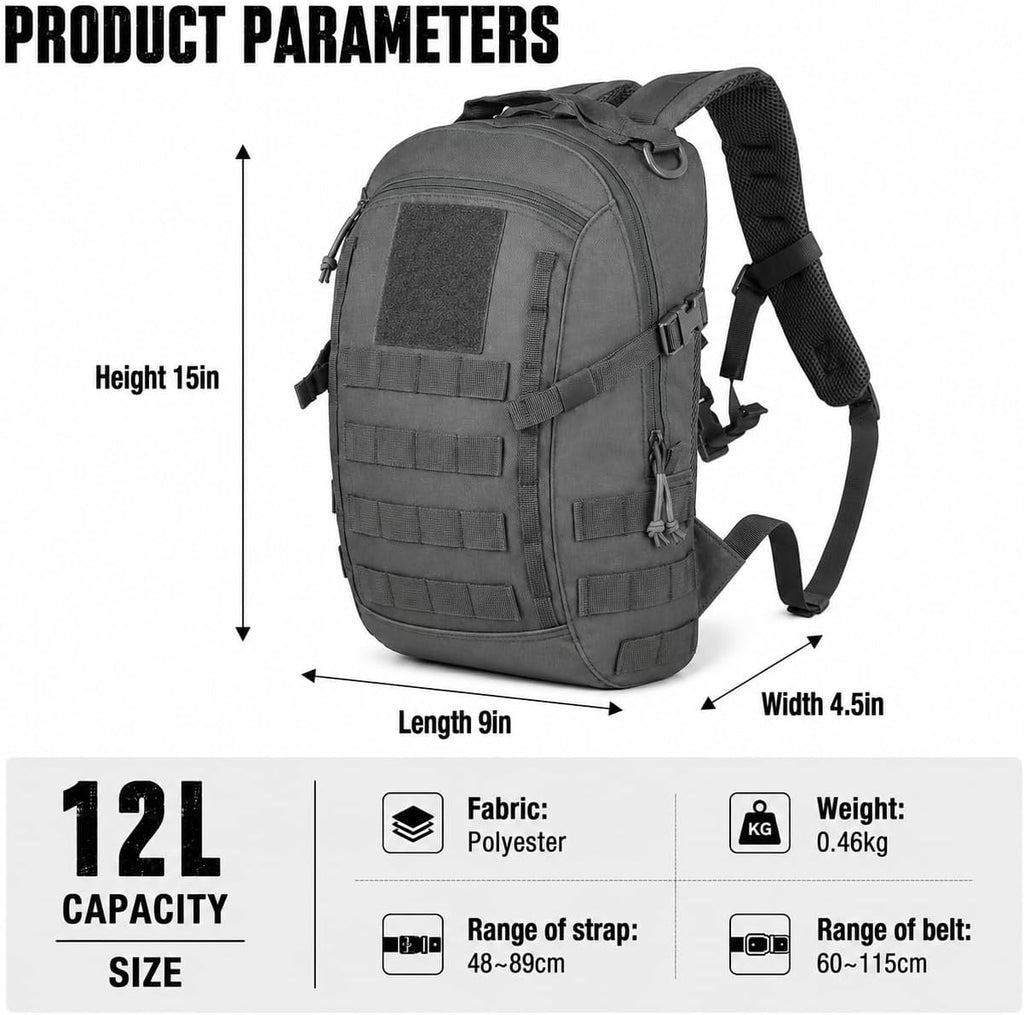 Small Tactical Hiking Backpack, 12L MOLLE Bookbag Daypack for Travel