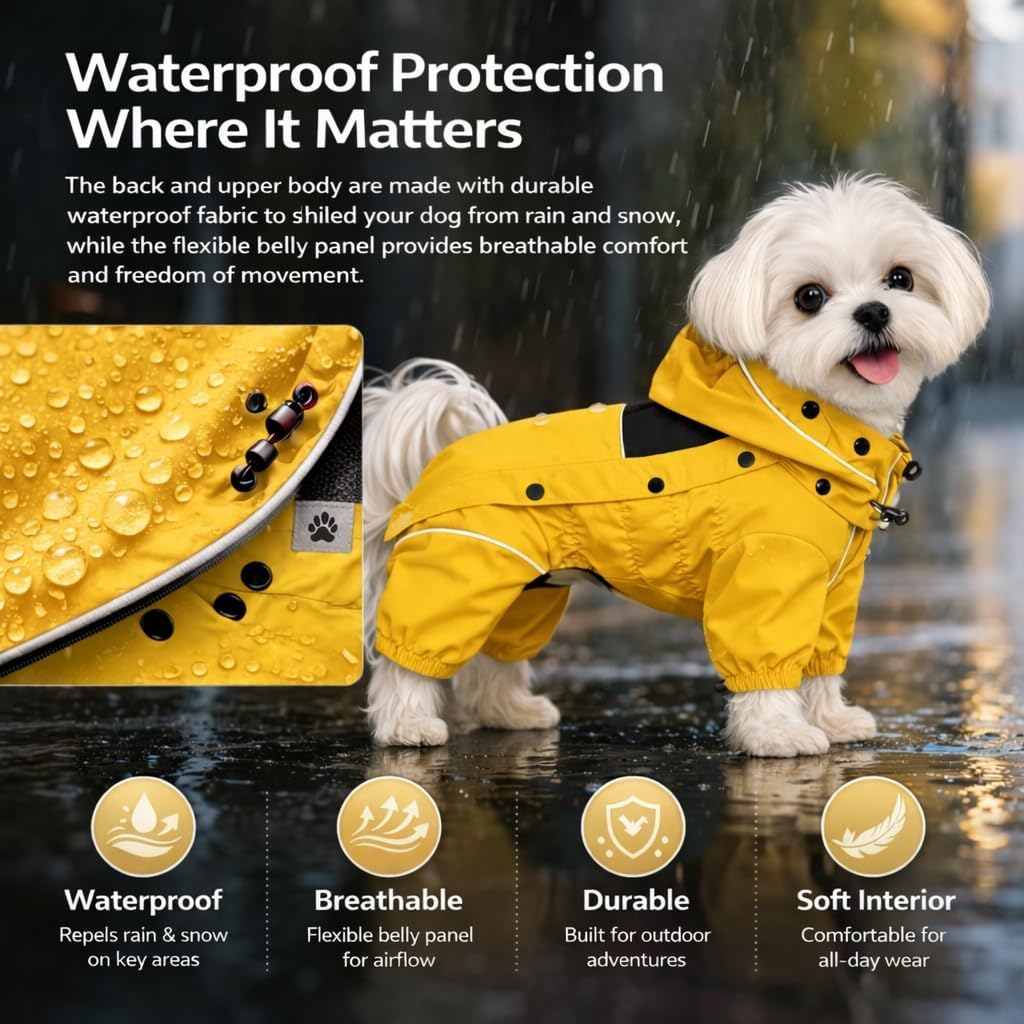LOVELONGLONG Waterproof Dog Raincoat with Removable Hood – Outdoor Full Body Dog Jacket, Windproof Snowproof Shell Suit – All Season Pet Rain Gear Mustard Yellow 3XL