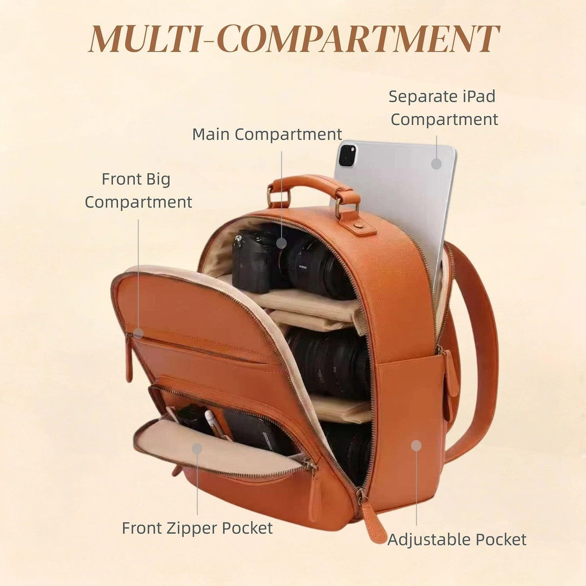 Small Camera Backpack, Classic PU Leather for DSLR, Professional Camera Bag for Photographers with 11 Inch Pad/Tablet Compartment, 10L Brown