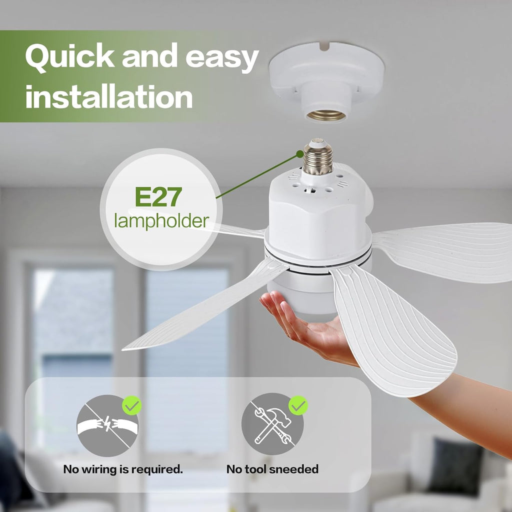 Socket Fan Light with Remote Control, Portable Small Ceiling Fans with Lights for Bedroom, Kitchen, Living Room, with Dimming Function, 1000 Lumens, Screws into E26/E27