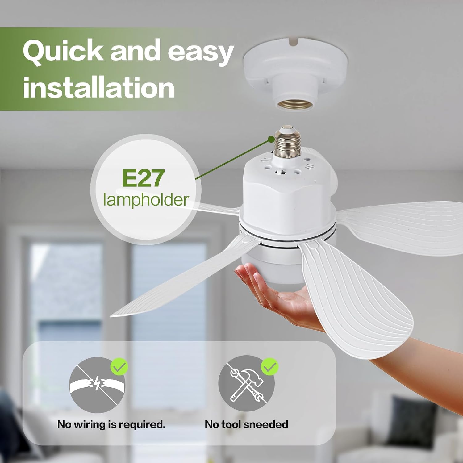 Socket Fan Light with Remote Control, Portable Small Ceiling Fans with Lights for Bedroom, Kitchen, Living Room, with Dimming Function, 1000 Lumens, Screws into E26/E27