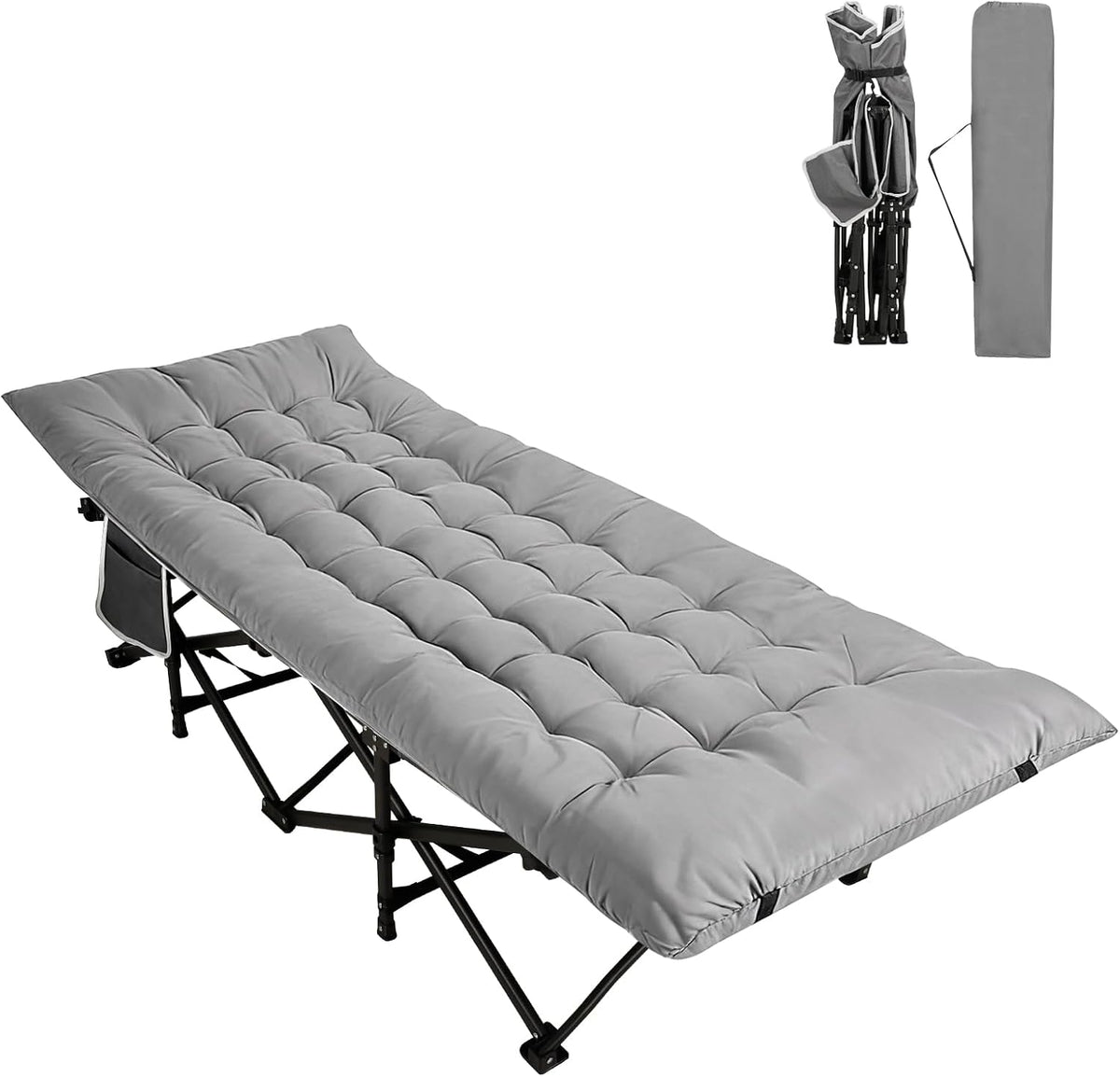 Northroad Camping Cot with Thick Mattress,Quick Set-Up Sleeping Cots Bed with Side Pocket for Outdoor Camping, Office Nap, Home Garden, Beach, Travel, Grey