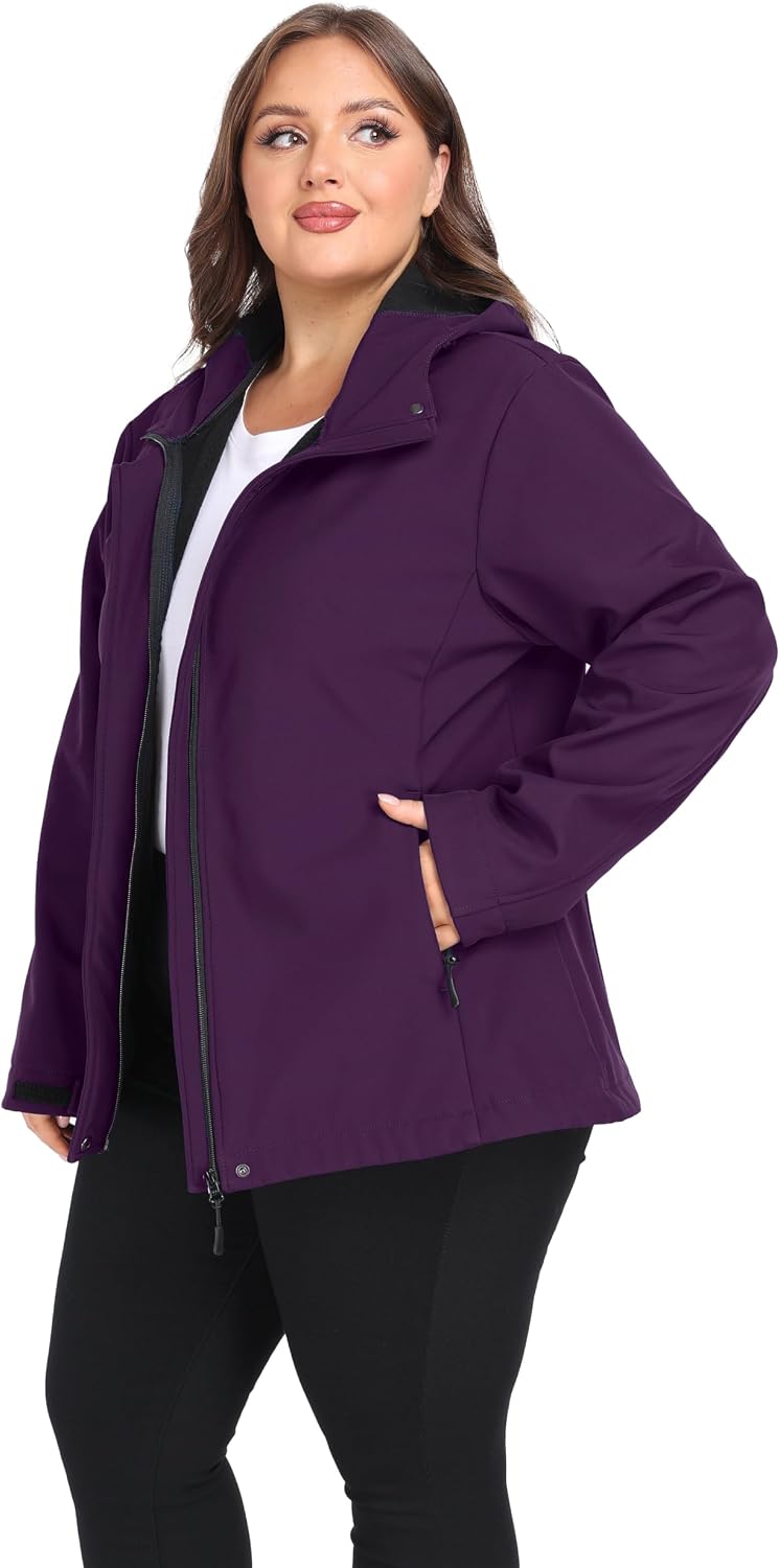 wantdo Women's Plus Size Softshell Jackets Hooded Fleece Lined Windbreaker