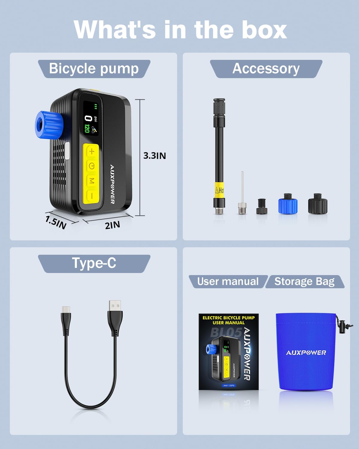 Auxpower 2026 New Electric Bike Pump with Gauge 120PSI Bicycle Pump