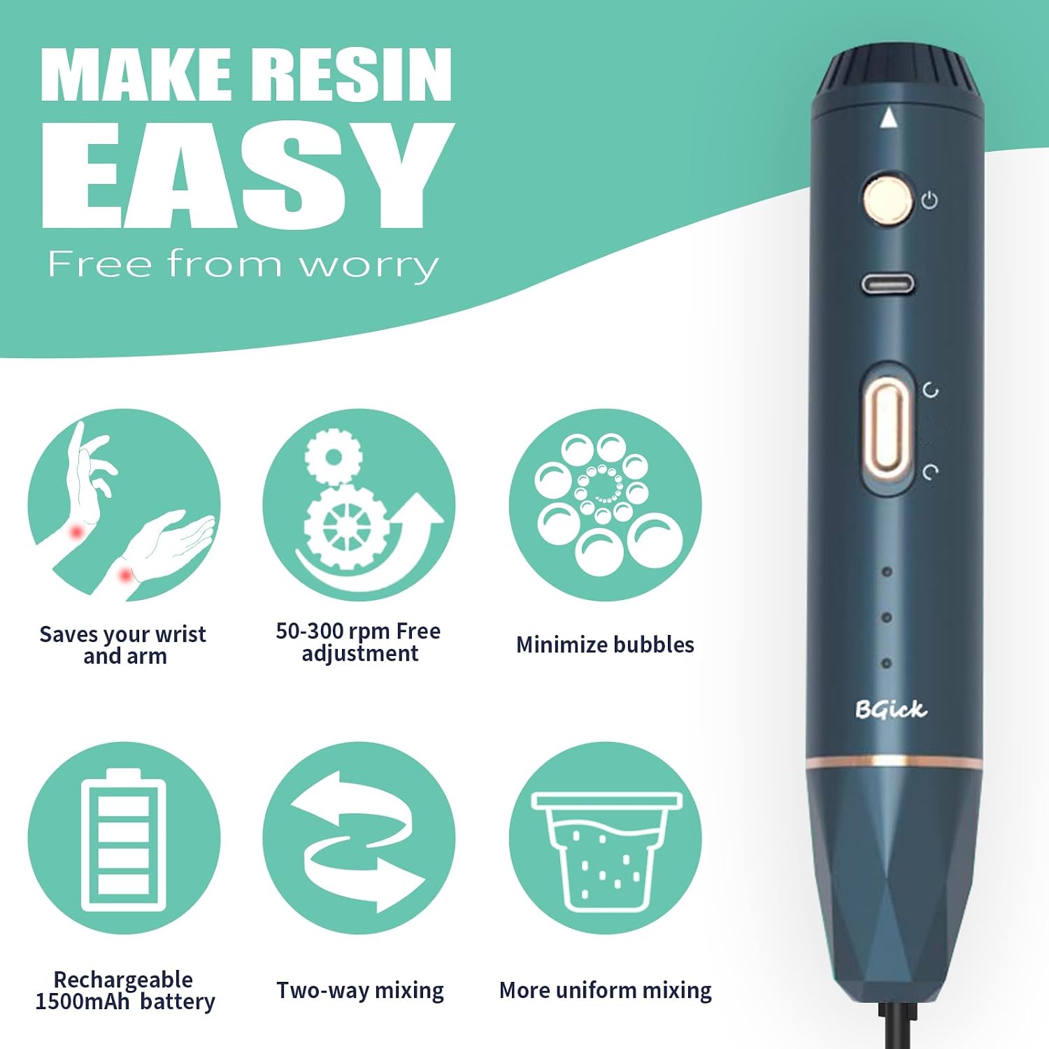 Upgraded Resin Mixer, Handheld Rechargeable Mixer with Minimizing Bubbles,Epoxy Resin Mixer for Resin, Silicone Mixing, Resin Molds, DIY Crafts (Included 4 pcs Paddles) (Blue)
