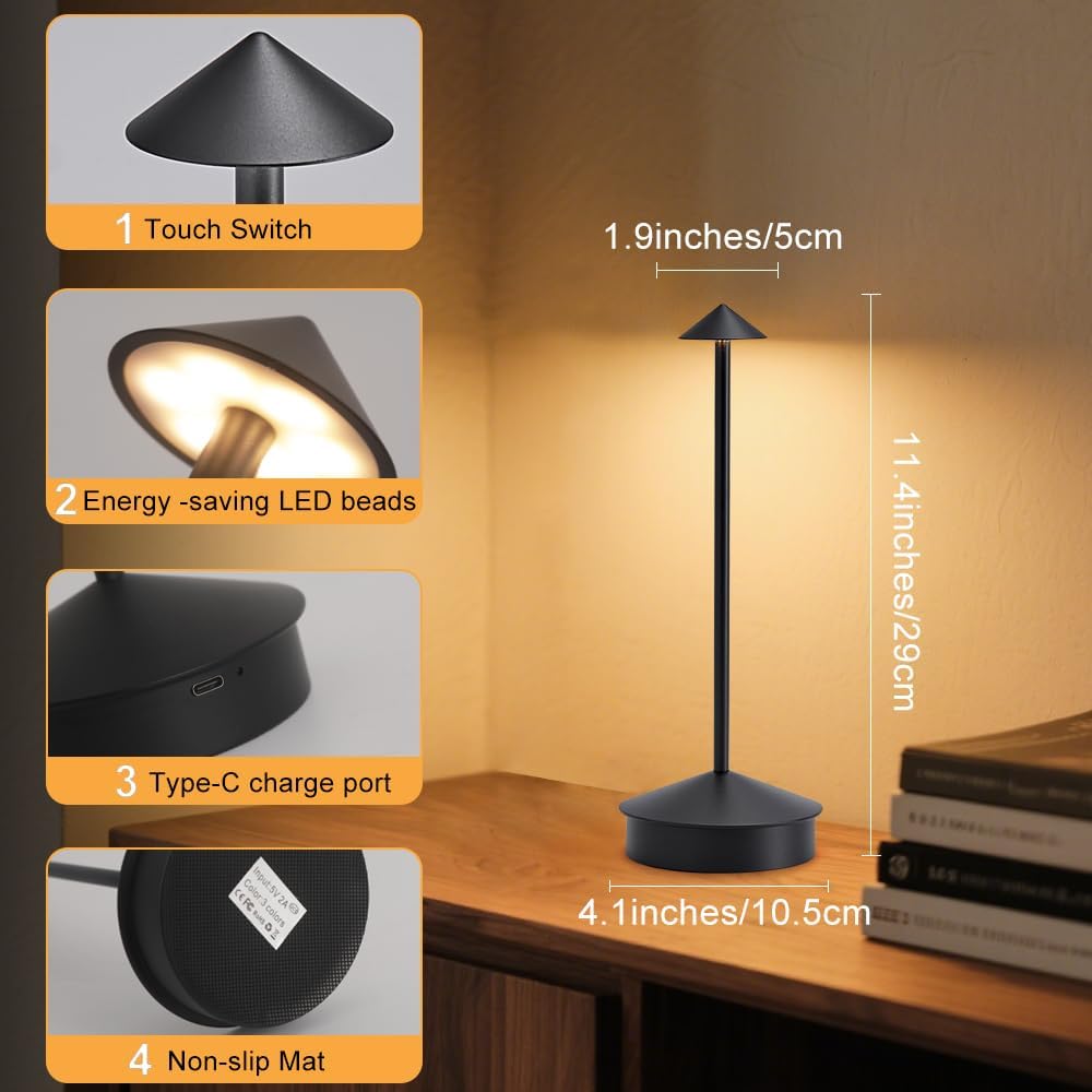 EJQ 2 Pack LED Cordless Table Lamp, Portable 6000mAh Rechargeable, Touch Control Outdoor Table Lamp, 3 Color Dimmable Cordless Table Lamps for Restaurant, Patio, Bedroom, Outdoor - Black