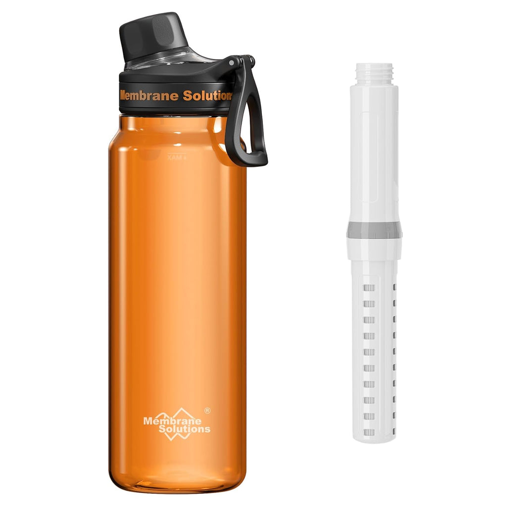 Membrane Solutions C3 Filtered Water Bottle, 36oz BPA-Free Bottle with Replaceable ACF+UF Filter Cartridge, Portable Water Filter, Travel, Hiking & Camping for Drinking Water Anywhere(Orange)