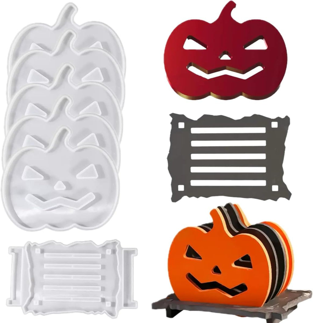 6 Pcs Pumpkin Epoxy Coaster Resin Molds Silicone with Holder, Halloween Pumpkin Coaster Molds Holder Set for Epoxy Resin, DIY Art Craft Cup Mats