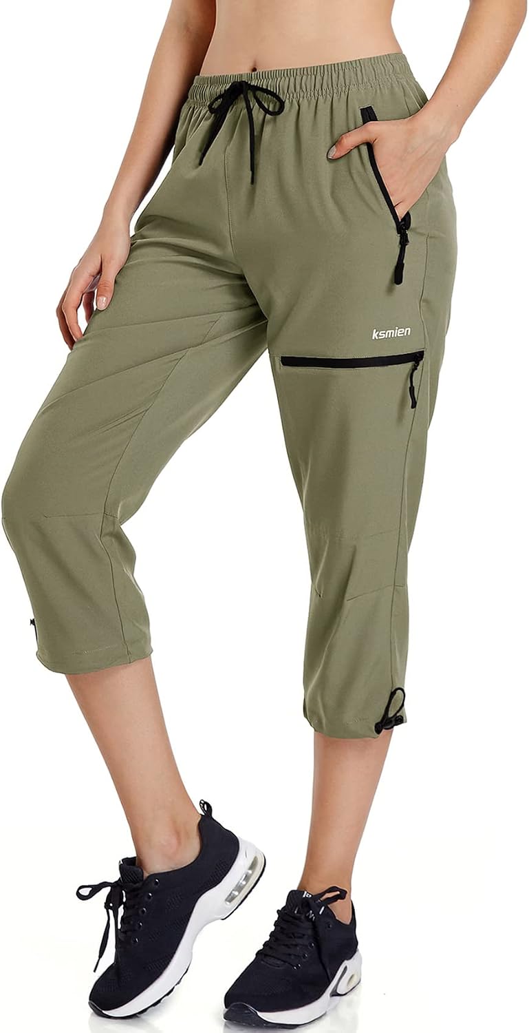 Ksmien Women's Hiking Cargo Capri Pants Quick Dry with Zipper Pockets