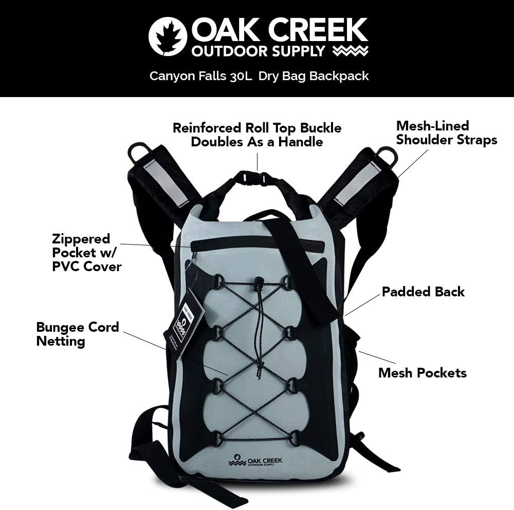 Oak Creek Canyon Falls 30L Dry Bag Backpack. Premium Waterproof Backpack with Padded Shoulder Straps. PVC Construction. Keep Your Gear Dry