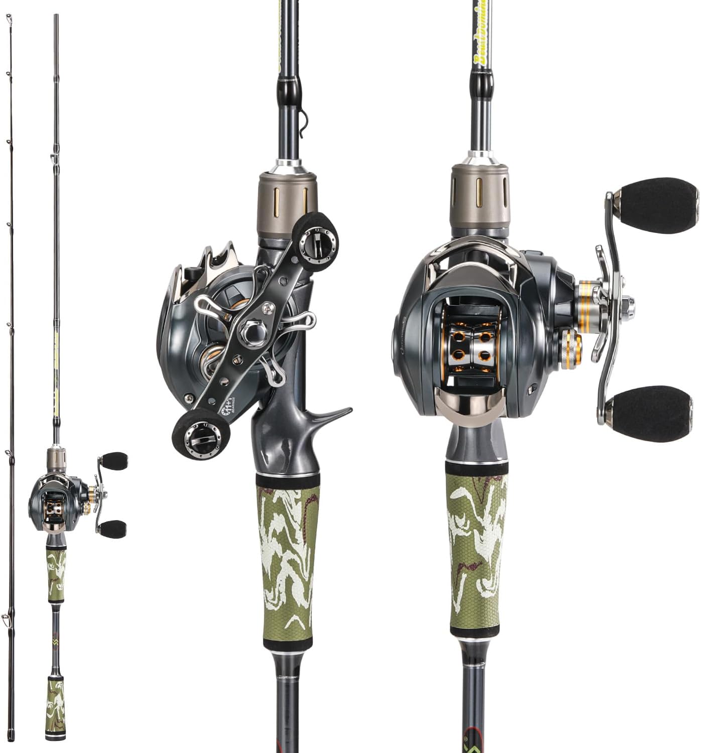 Sougayilang Baitcaster Combo for Freshwater and Inshore, 2 Piece 30Ton+24Ton Graphite Fishing Rod with SuperPolymer Handle, 7.0:1 Gear Ratio Baitcasting Reel, 11+1 Bearings, S Style Hook Keeper