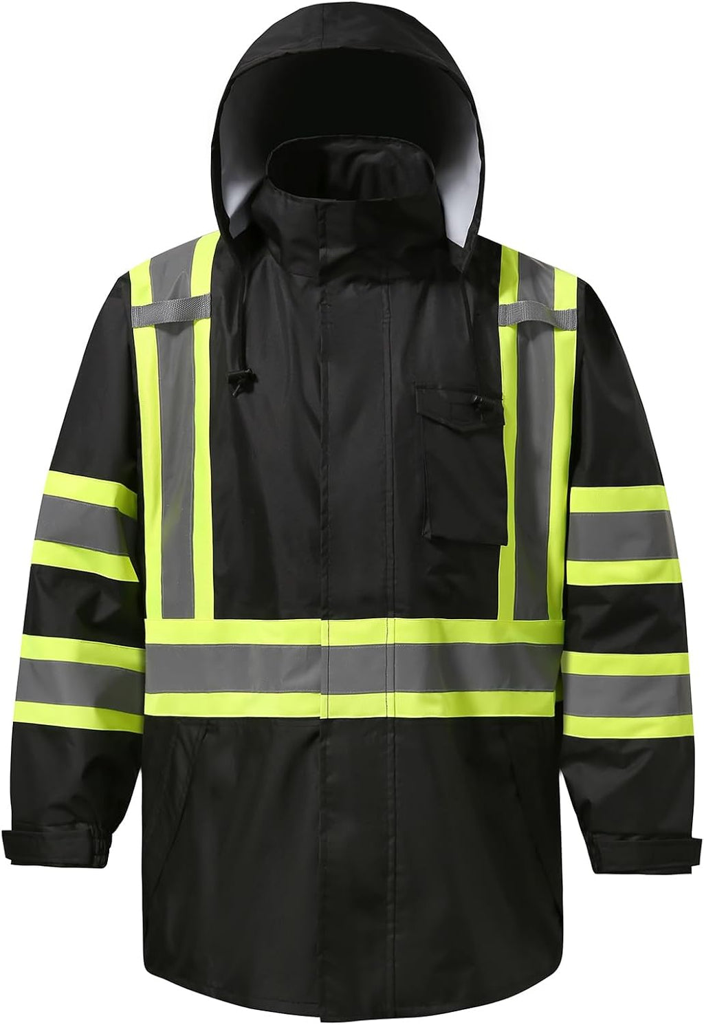 Reflective Rain jackets for men waterproof,Hi Vis Safety Coat With Reflective Strips，High Visibility Class 3 Rain jackets With 2 large pockets，Zipper,Black，2XL/3XL