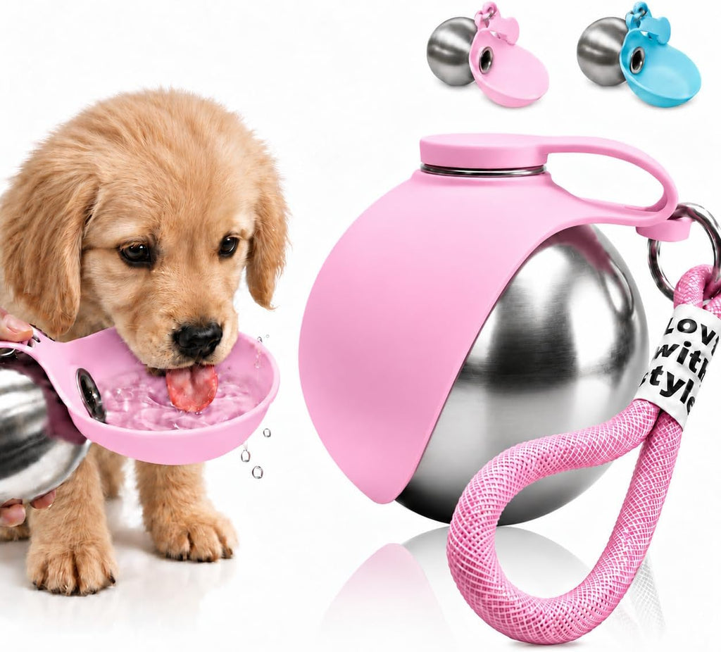 Portable Dog Water Bottle with Bowl, 10oz Stainless Steel, Leakproof