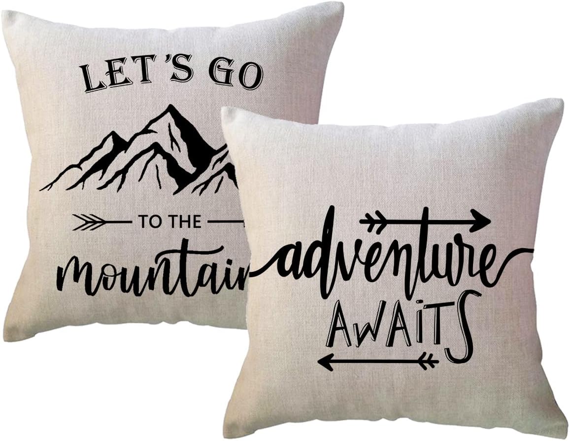 ULOVE LOVE YOURSELF Adventure Awaits Throw Pillow Cover Let’s Go Camping Cushion Covers Cabin/Camper Decorative Pillowcases 18 x 18 Inch,Set of 2