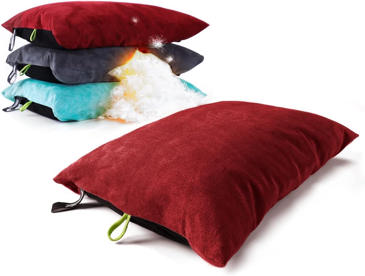 ZOOOBELIVES Down Filled Camping Pillow for Travel, Washable Soft Cover, Small Camp Cushion for Neck & Lumbar Support On-The-Go, Ultralight & Compressible for Hiking Backpacking - AlpliveS2046