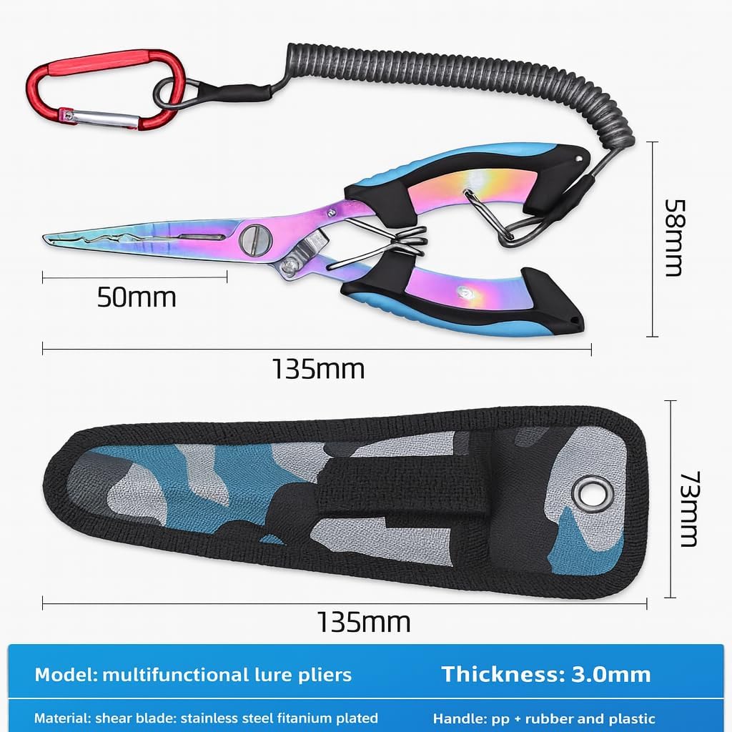 Premium Saltwater & Freshwater Fishing Pliers – Rainbow Titanium-Coated Rust-Resistant Multi-Tool with Tungsten Carbide Line Cutters, Split-Ring Tip, Non-Slip Ergonomic Grip & Coiled Lanyard
