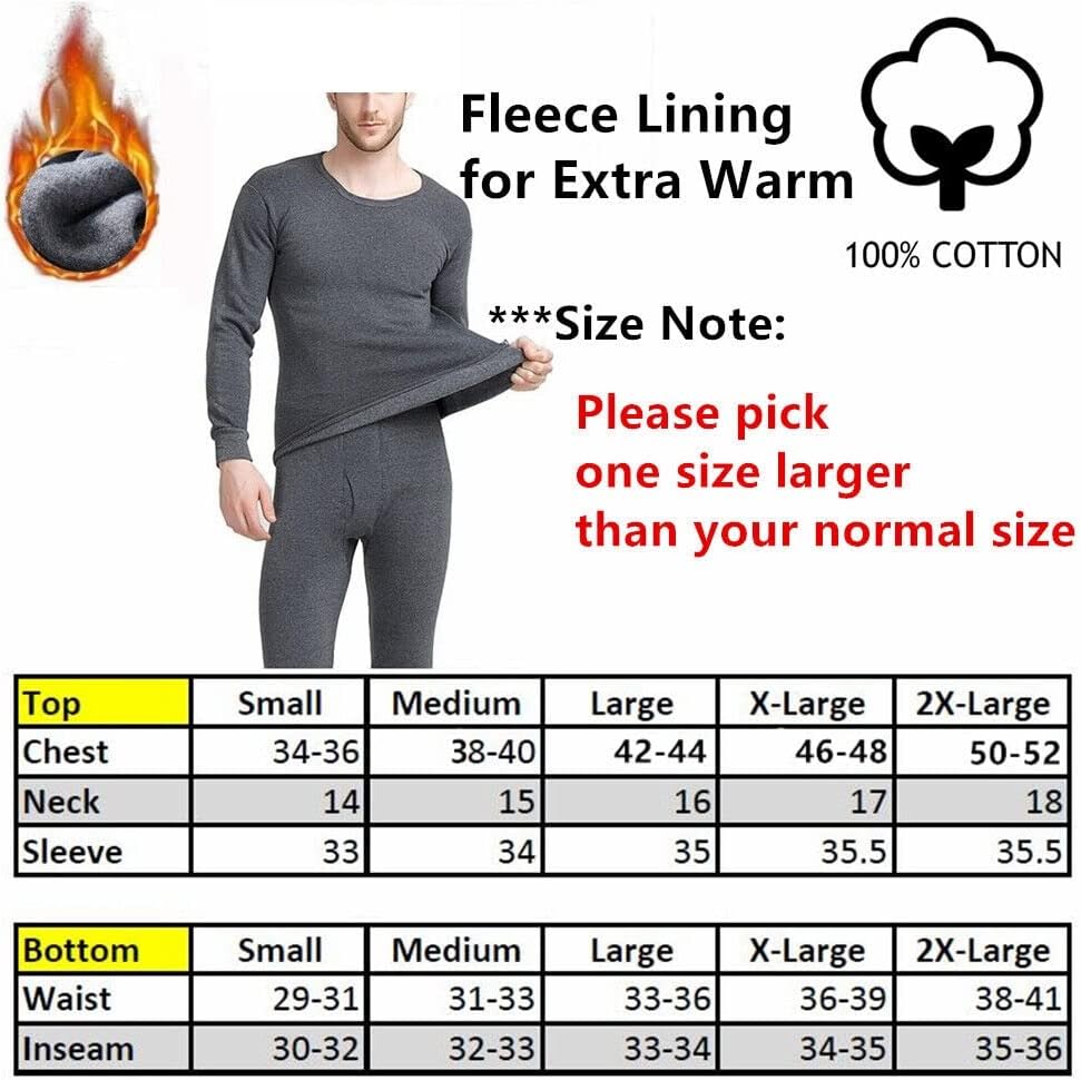 Goyoma Men Winter Fleece Lined 100% Cotton Thermal Long Johns Top Bottom Underwear Set