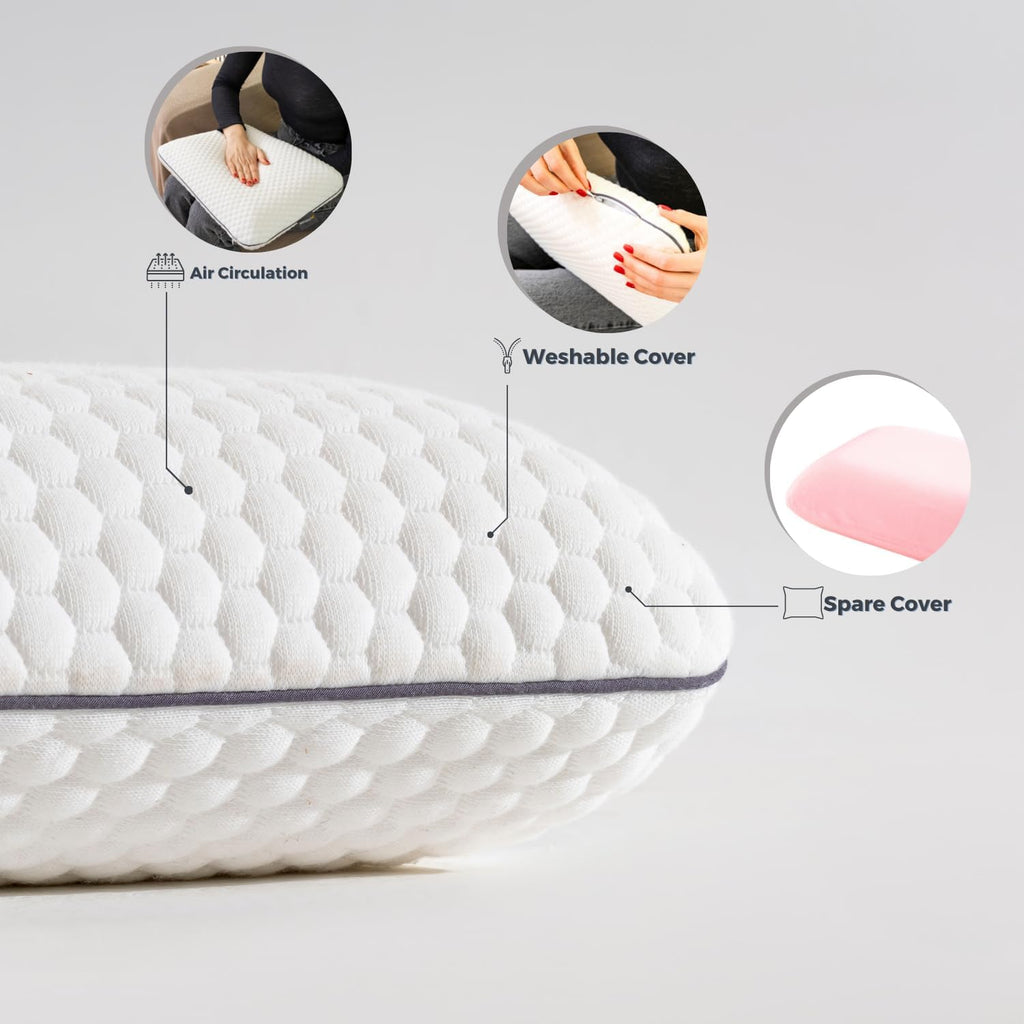 Memory Foam Travel Pillow with Washable Cover & Carry Bag – Compact, Soft & Breathable Neck Pillow for Airplane, Camping & Car (White- with Extra Pink Cotton Cover, 15.7x9.8x3.9 inches)