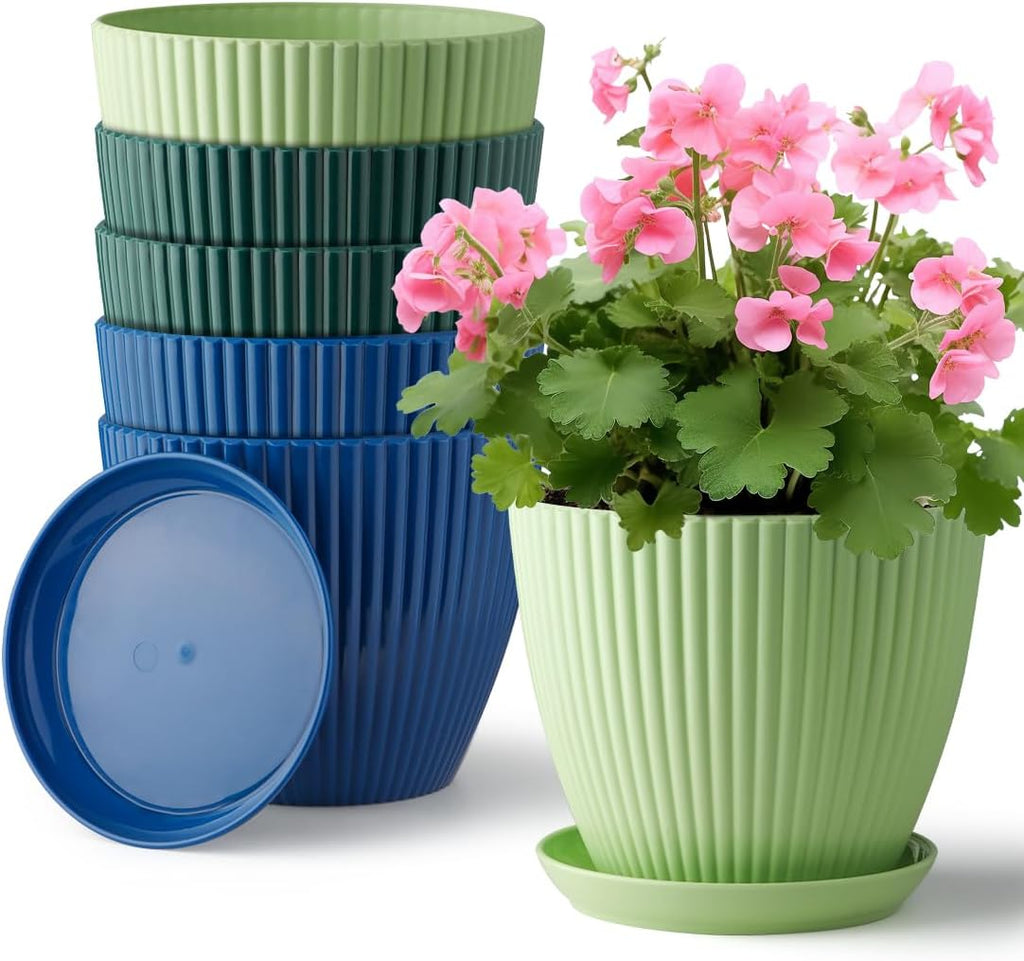 RooTrimmer Multi Size Plastic Pots 6 Pack, Drain Holes, Saucers, Dark Green