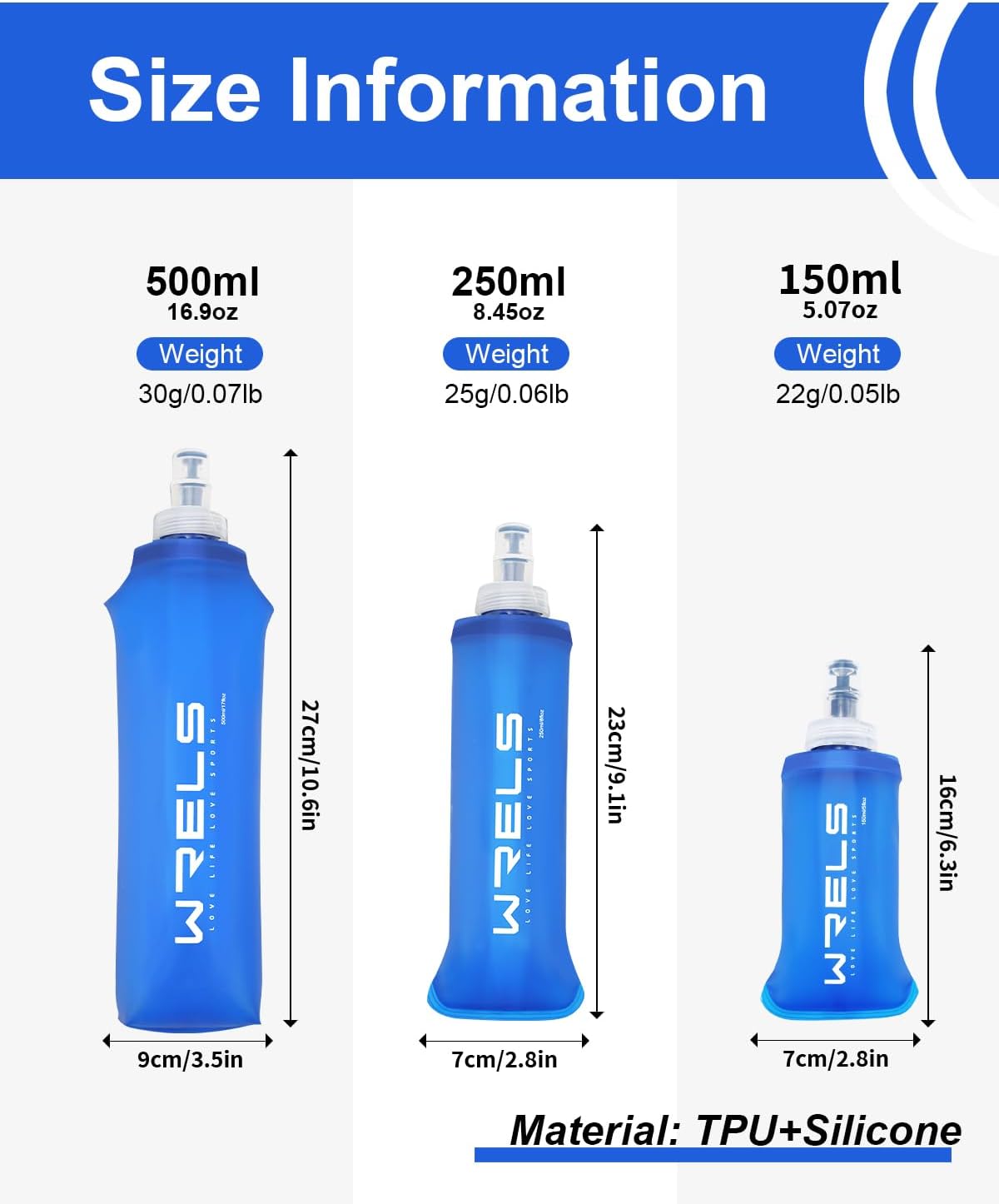 WRELS TPU Soft Flask Lightweight Portable Reusable Water Bottle,BPA Free Collapsible Flask for Hydration Pack in Running Hiking Cycling and Marathon
