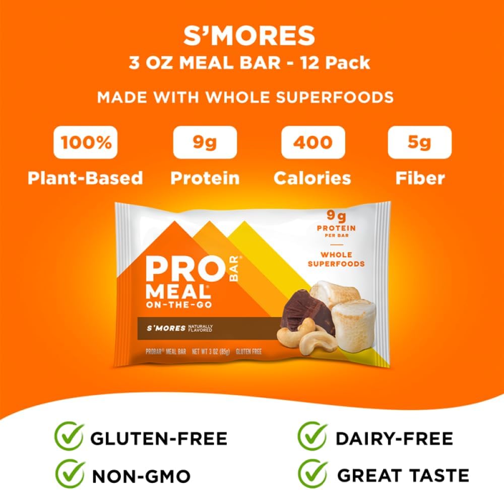 PROBAR MEAL Bar – Plant Based Meal Replacement Bar with Whole Food Ingredients, Oats, Nuts & Seeds, Vegan, Gluten Free, Non-GMO Nutrition Bar for Breakfast, Travel & On-the-Go Energy (S'Mores, 12 Count)