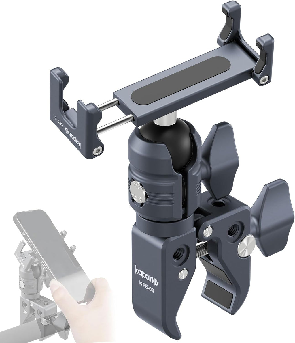 Motorcycle Phone Mount, Handlebar Clamp Base Fits 0.5"-2" Diameter Bars, 25mm Ball Head & Aluminum Socket Arm, 360° Rotatable, Universal for iPhone/Android Phones Width 2.56"-3.74"(KPS-07)