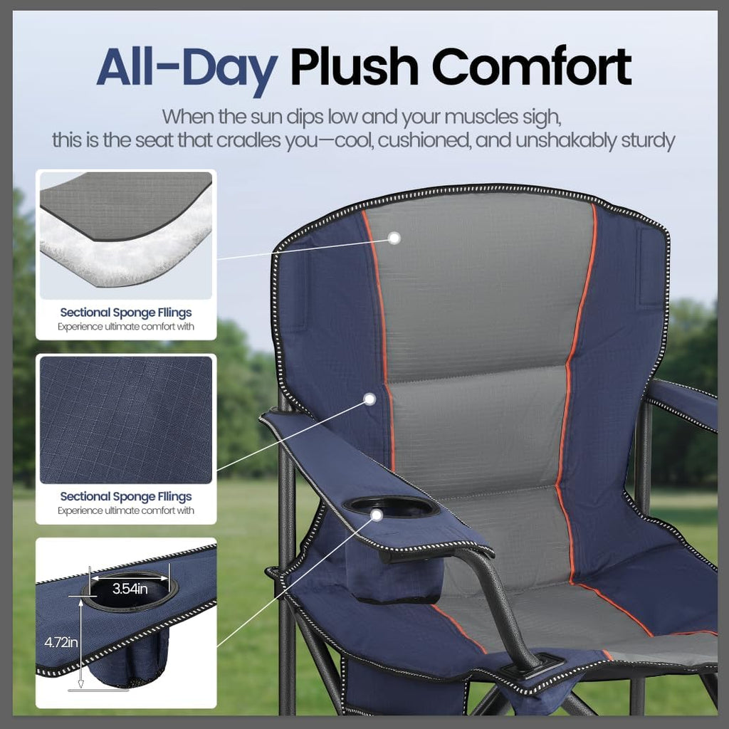 WEIDIORME 2 Pack Heavy Duty Oversized Camping Chair for Adults 400lbs w/Lumbar Support - Folding Chairs with Side Pocket, Cup Holder & Cooler Bag for Beach, Fishing, Lawn, Backyard Navy Blue