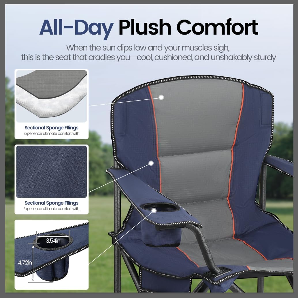 WEIDIORME 2 Pack Heavy Duty Oversized Camping Chair for Adults 400lbs w/Lumbar Support - Folding Chairs with Side Pocket, Cup Holder & Cooler Bag for Beach, Fishing, Lawn, Backyard Navy Blue