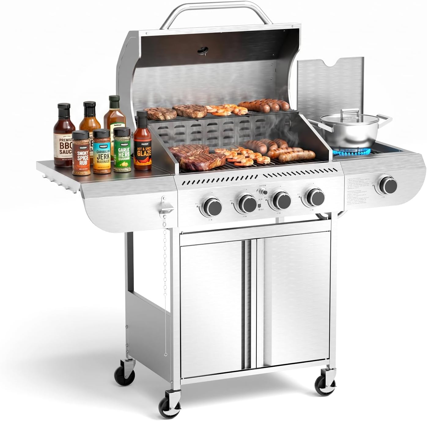 Electactic G41 Pro Gas Grill,Heavy-Duty Stainless Steel BBQ Grill,4 Burner Gas Grill with Side Burner,42000 BTU Propane Grill for Outdoor Cooking,Barbecue,Garden and Patio Backyard
