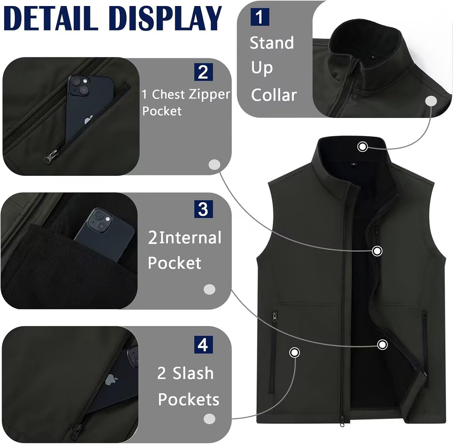 Men's Lightweight Vest Softshell Outerwear Windproof Sleeveless Jacket for Golf Running Hiking
