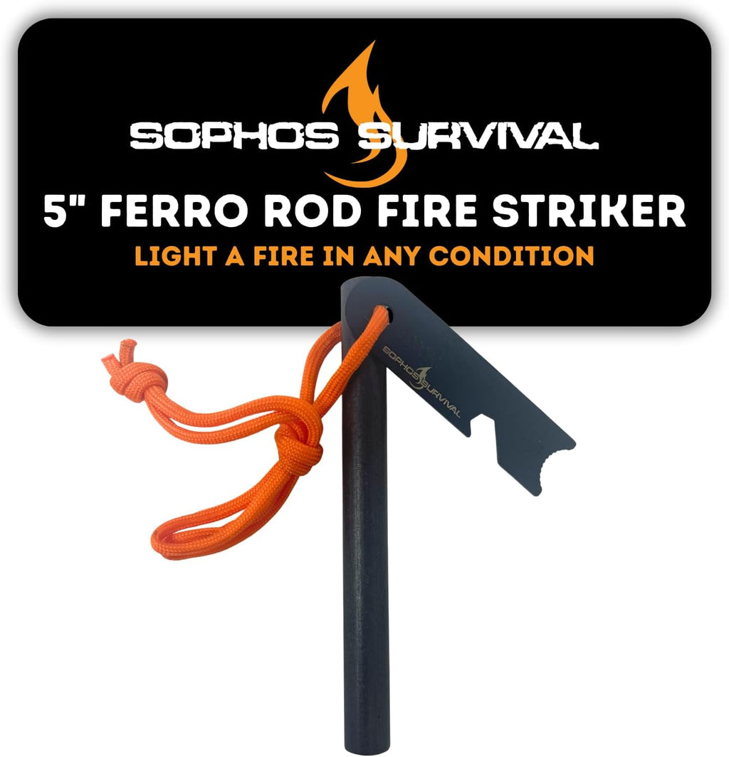 Ferro Rod Fire Starter Drilled Flint and Steel Survival Tool Kit with High Visibility Paracord Lanyard and Weatherproof Striker