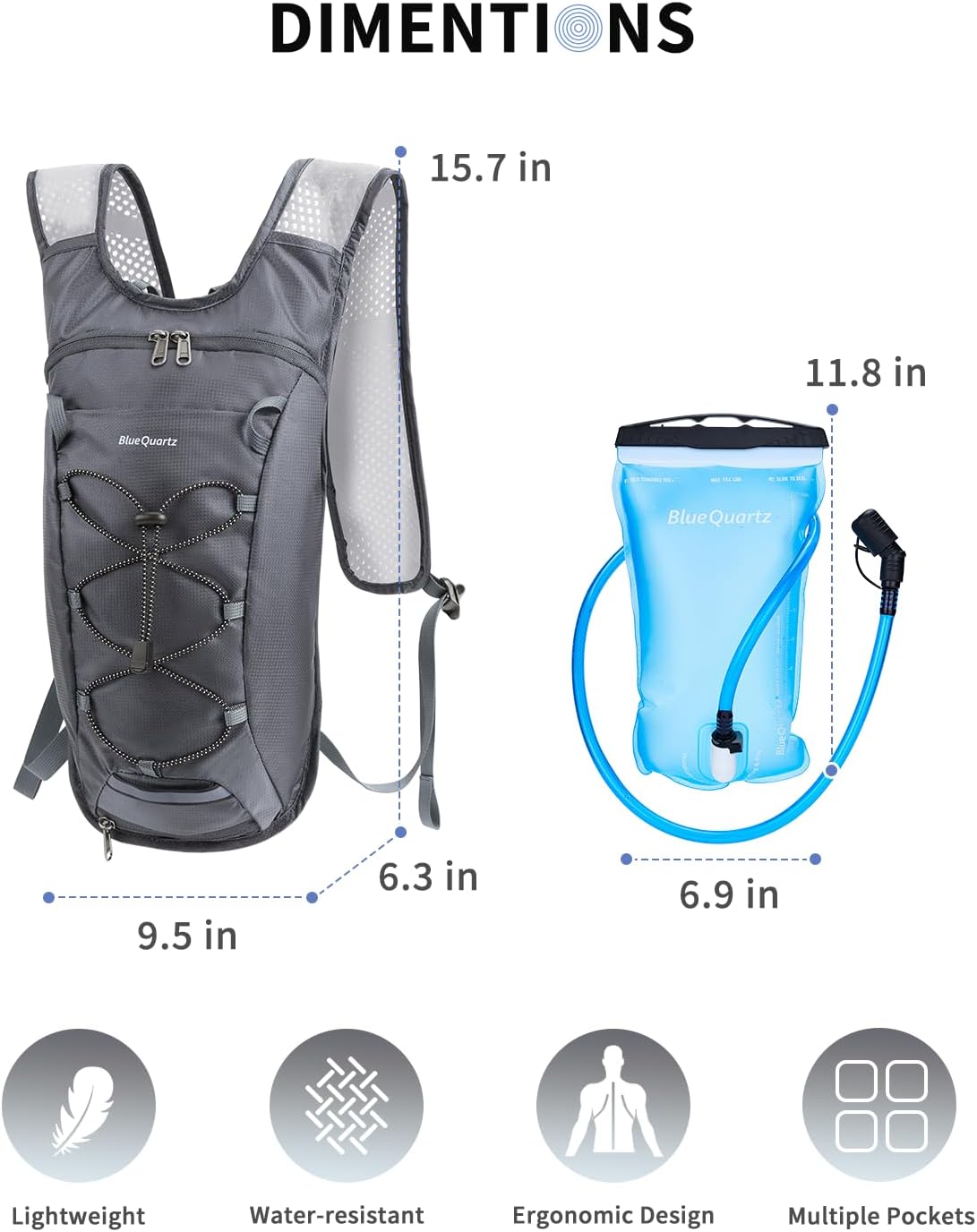 Blue Quartz Hydration Backpack with 2L Water Bladder, Hiking Water Pack with Insulated Compartment for Women Men, Lightweight Cycling Daypack with Phone Pocket, Hydration Pack for Running,Biking